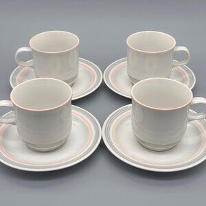 Vintage Japanese Stoneware Pink Rim Coffee Cups And Saucers Set Of 4 Soft Tone